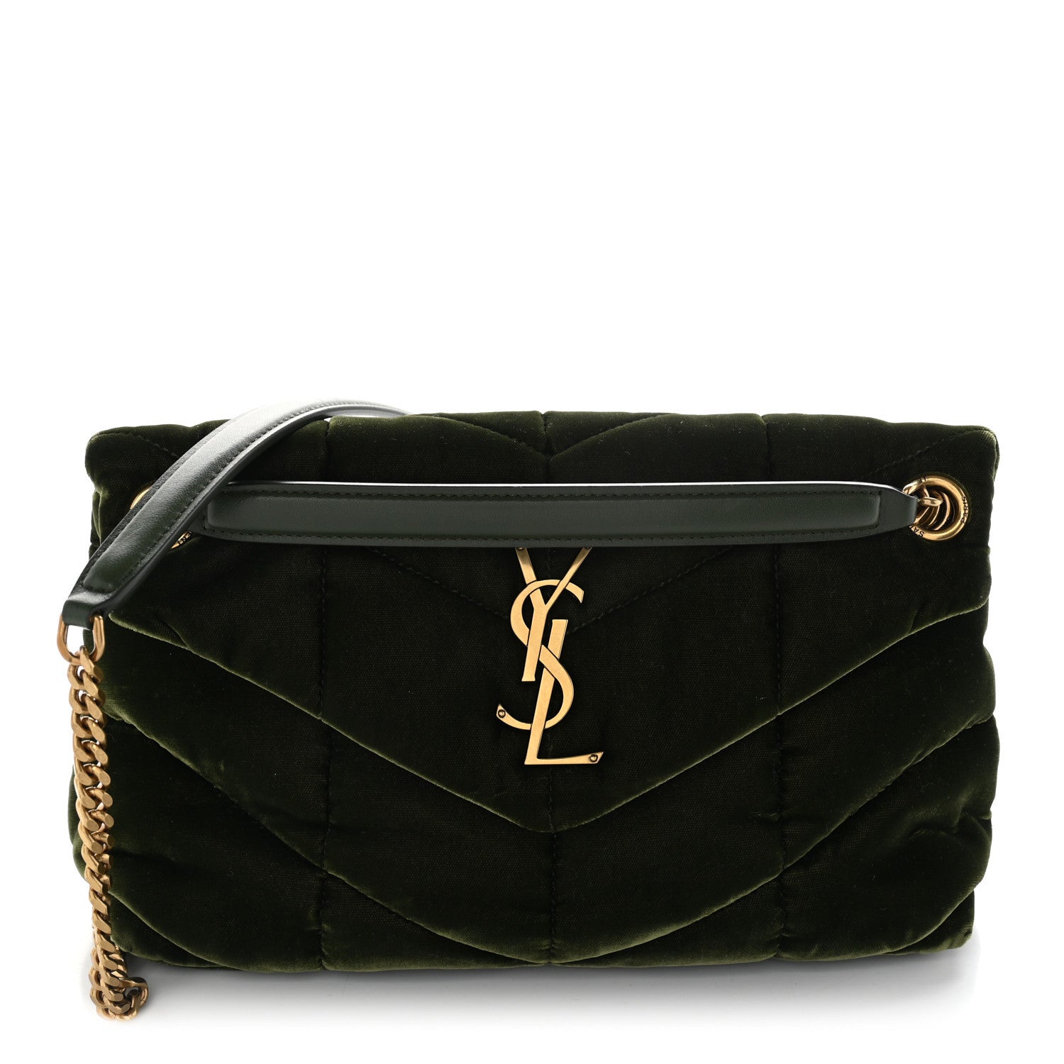 Saint Laurent Velvet Quilted Small Loulou Puffer Monogram Chain Satchel Kaki Musk