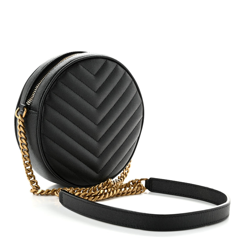 Saint Laurent Grain De Poudre Matelasse Chevron Quilted Round Vinyle Camera Bag Black