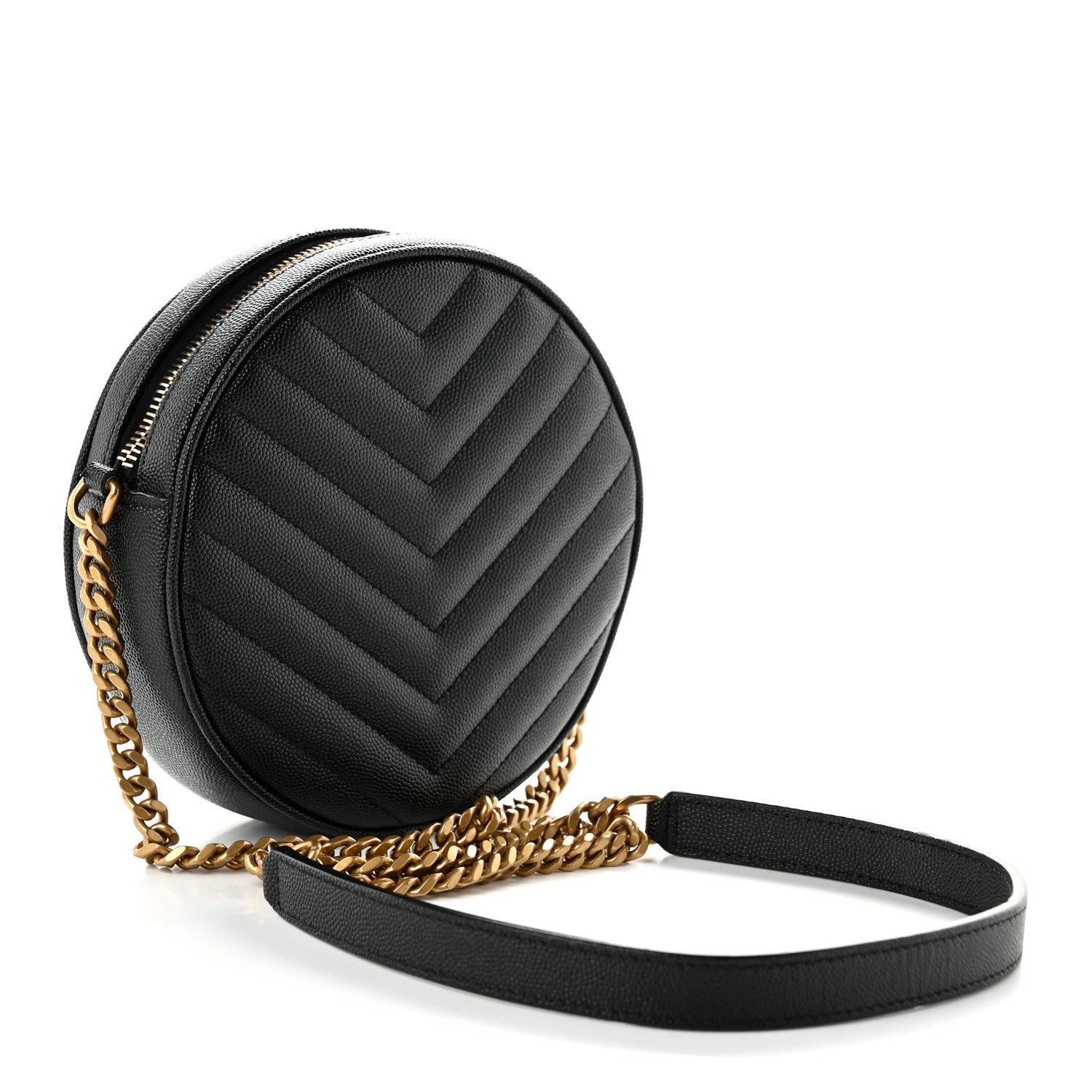 Saint Laurent Grain De Poudre Matelasse Chevron Quilted Round Vinyle Camera Bag Black