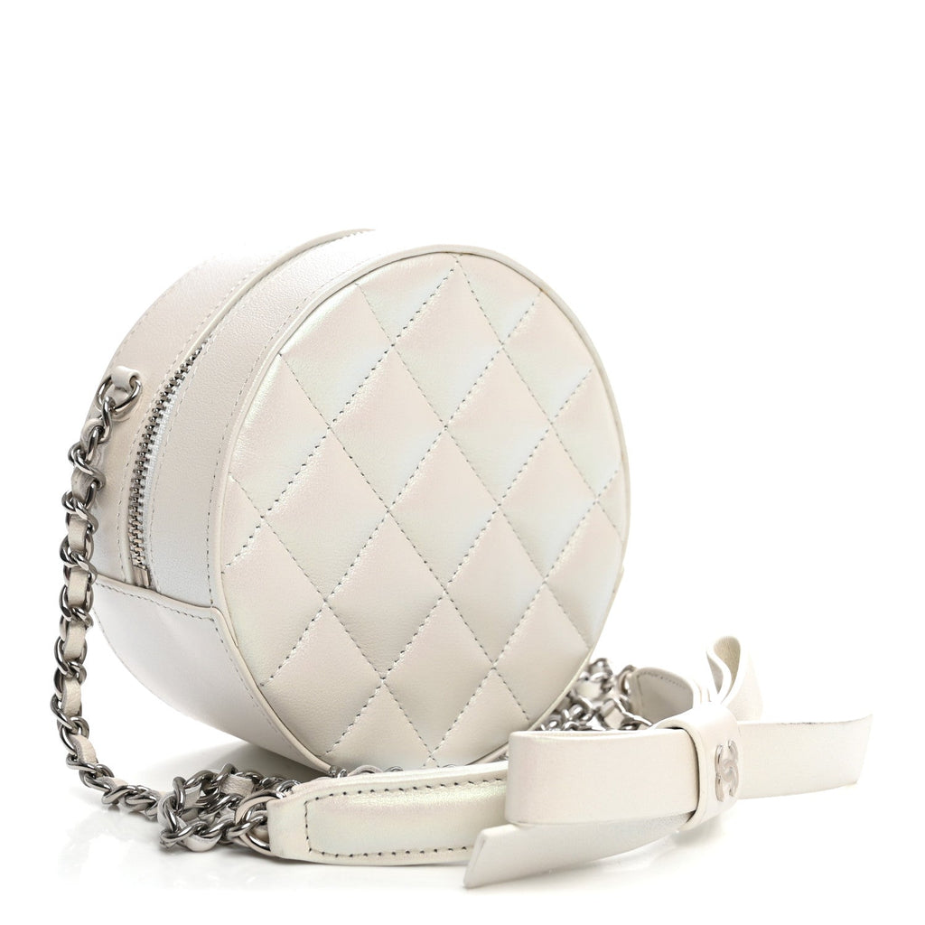 Chanel Iridescent Lambskin Quilted Coco Bow Round Clutch With Chain Ivory