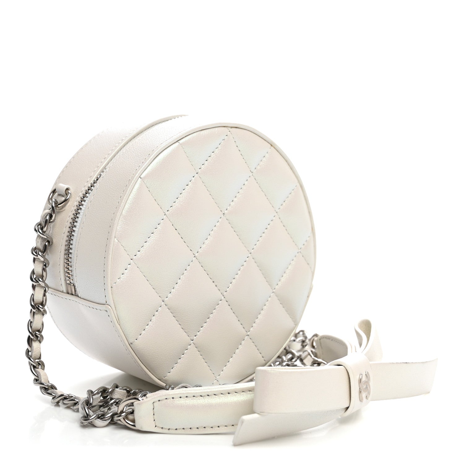 Chanel Iridescent Lambskin Quilted Coco Bow Round Clutch With Chain Ivory