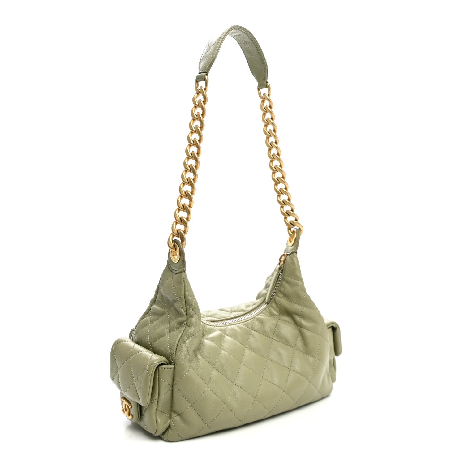 Chanel Shiny Lambskin Quilted Trendy Pockets Hobo Green