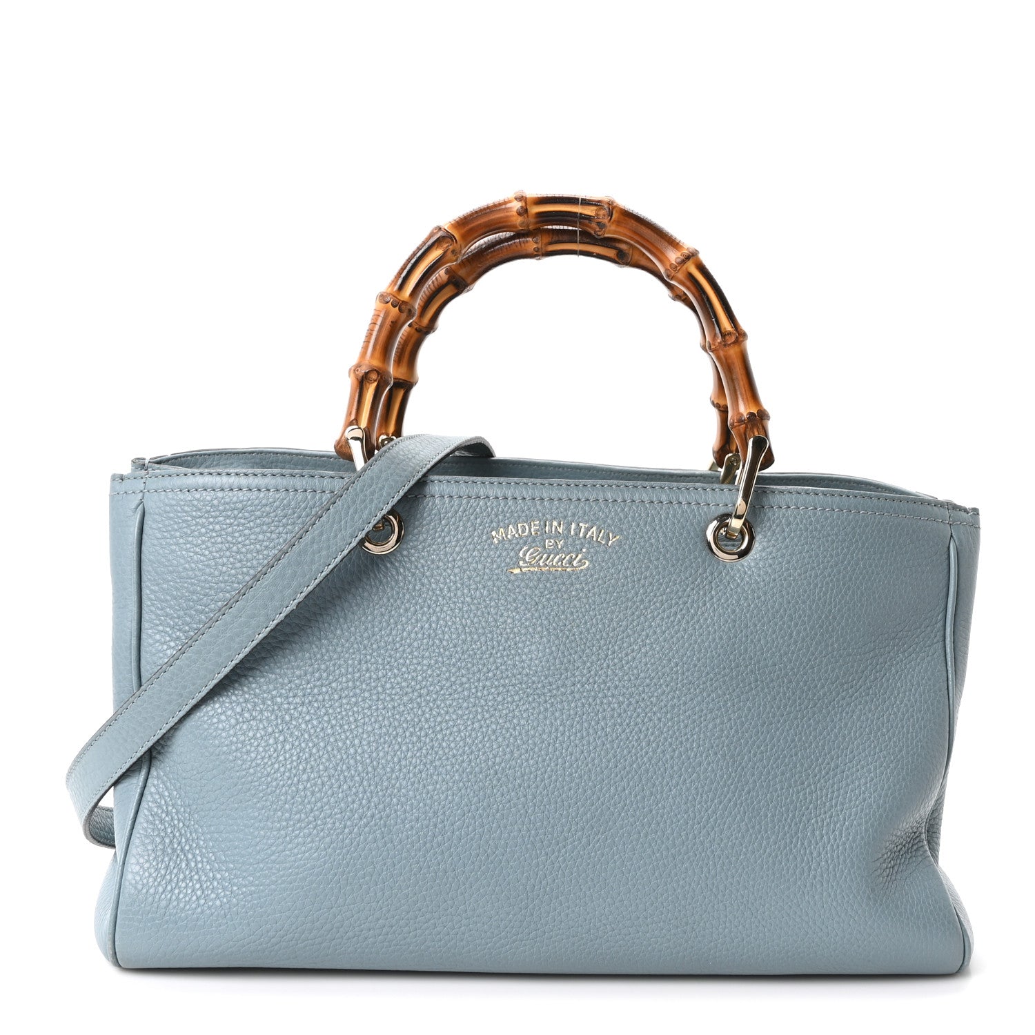 Gucci Pebbled Calfskin Medium Bamboo Shopper Tote Light Blue