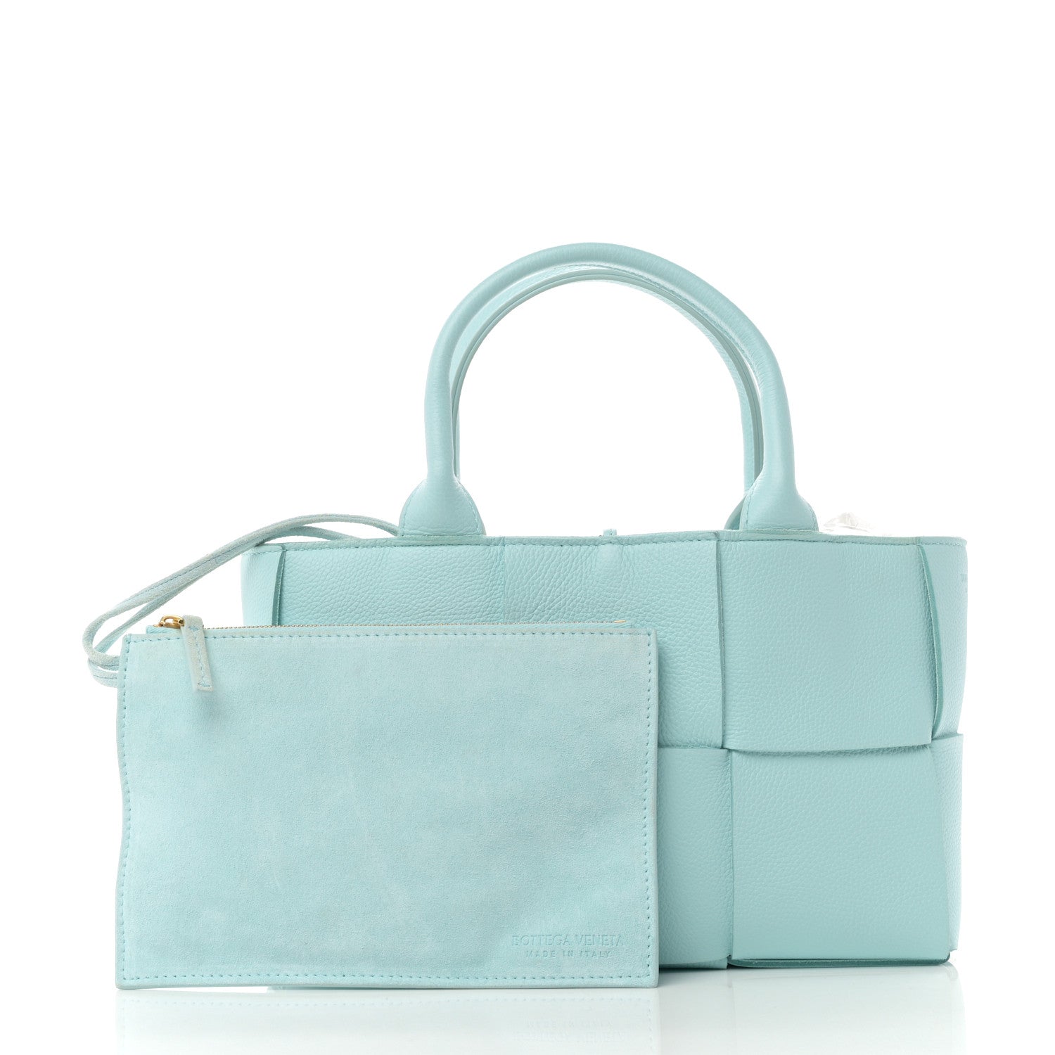 Bottega Veneta Grained Calfskin Maxi Intrecciato Mini Arco Tote Pale Blue