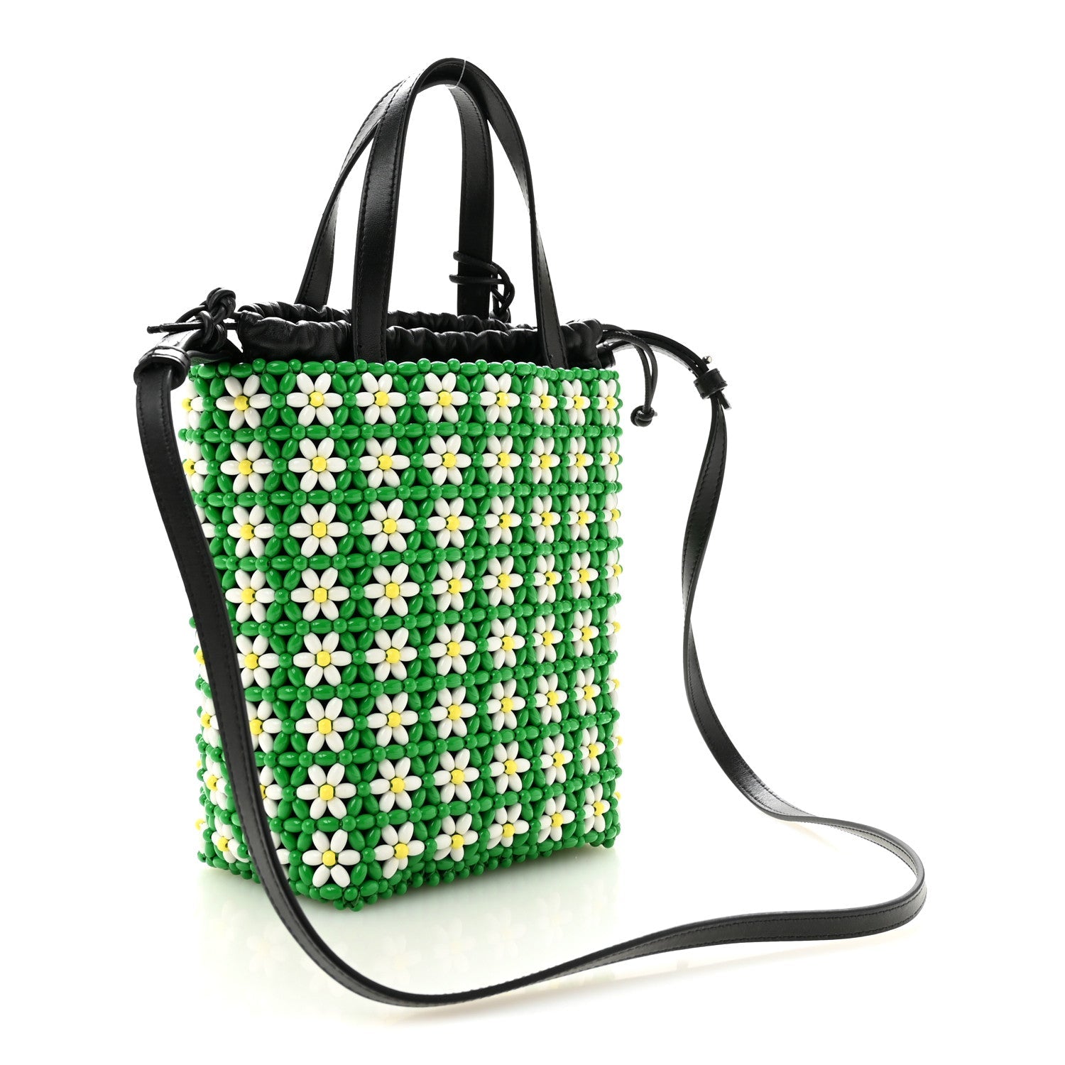 Loewe Beaded Mini Flower Drawstring Shoulder Bag Green White