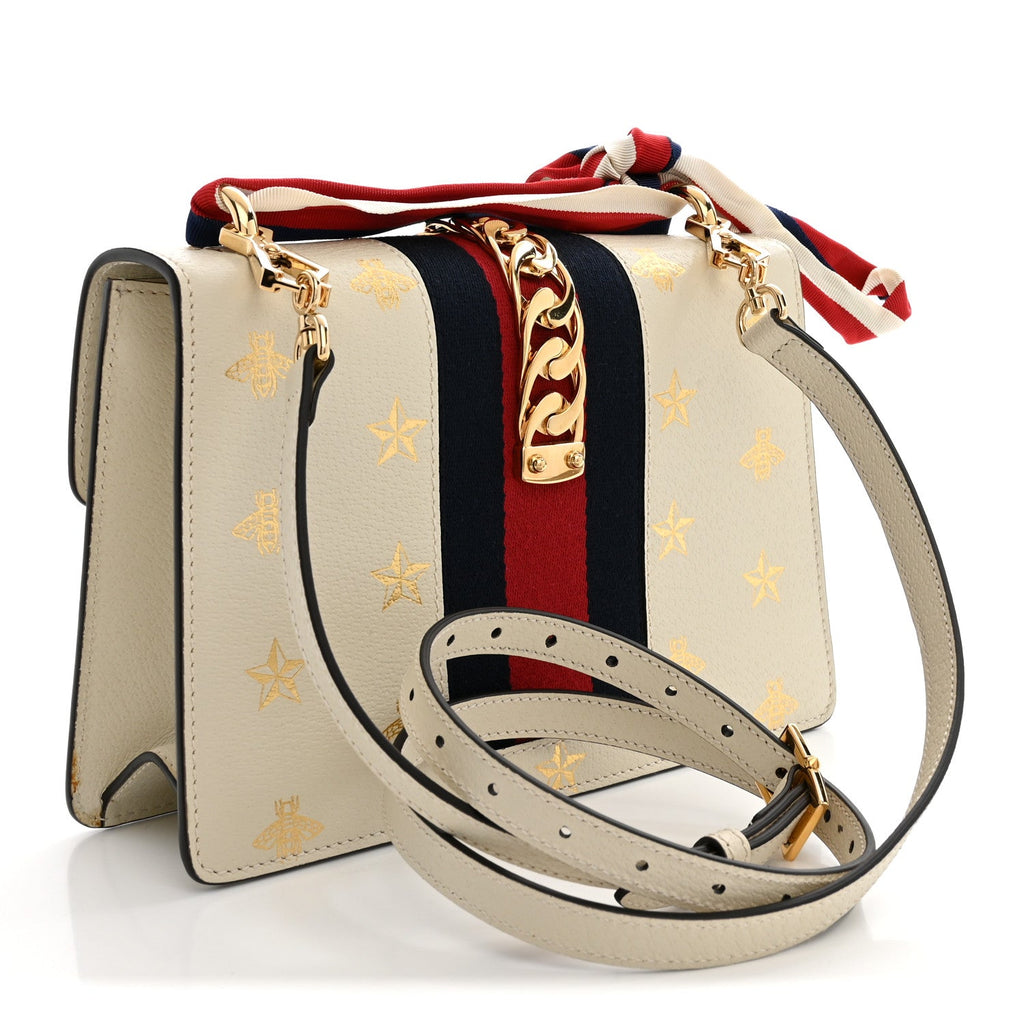 Gucci Textured Calfskin Bee Star Print Small Sylvie Shoulder Bag Mystic White