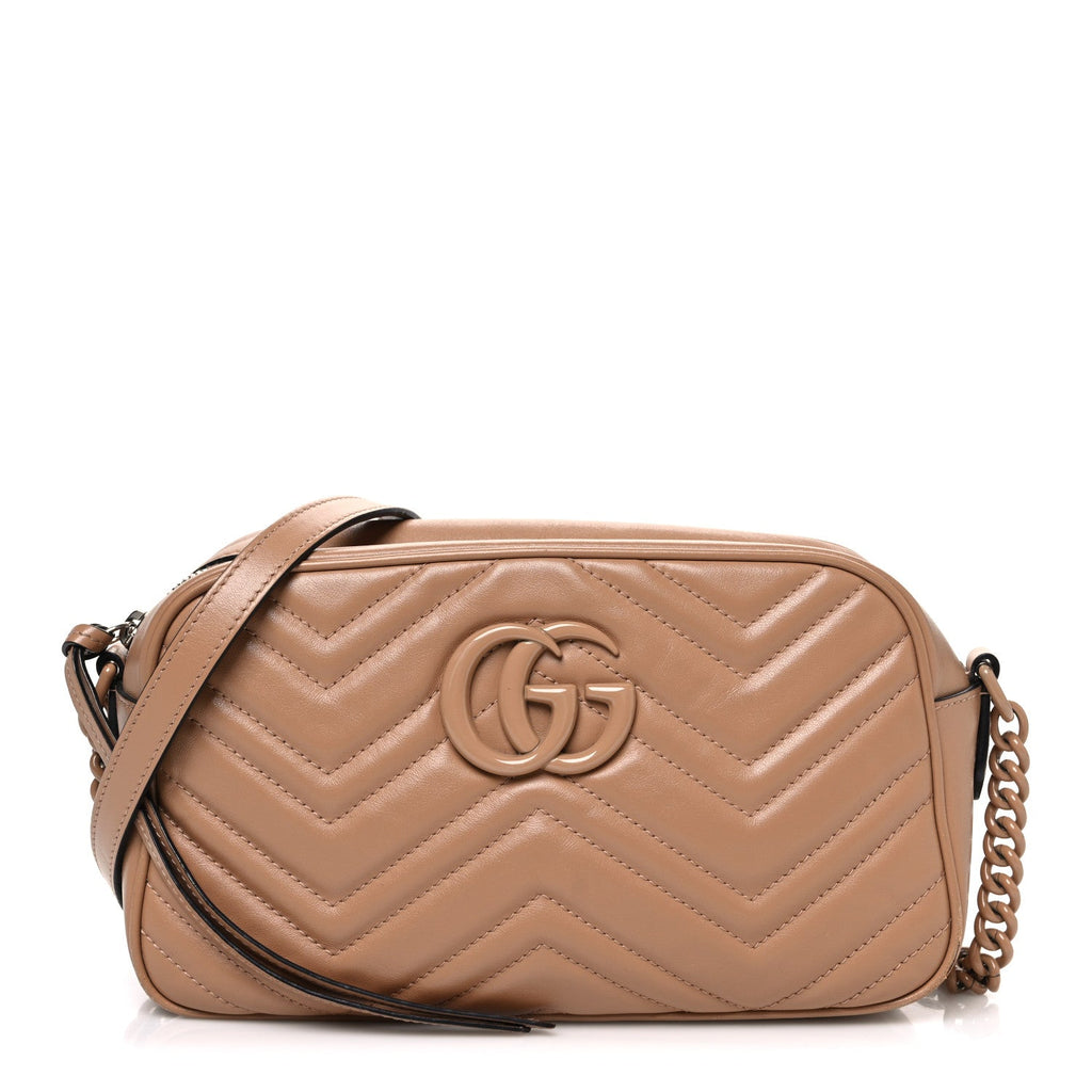 Gucci Calfskin Matelasse Monochrome Small GG Marmont Chain Shoulder Bag Camelia