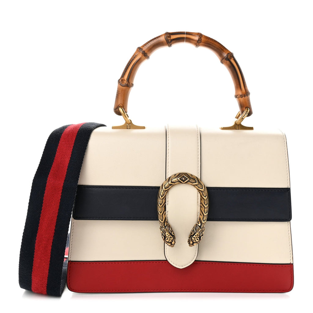 Gucci Calfskin Bamboo Web Medium Dionysus Top Handle Bag White Blue Hibiscus Red