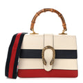Gucci Calfskin Bamboo Web Medium Dionysus Top Handle Bag White Blue Hibiscus Red