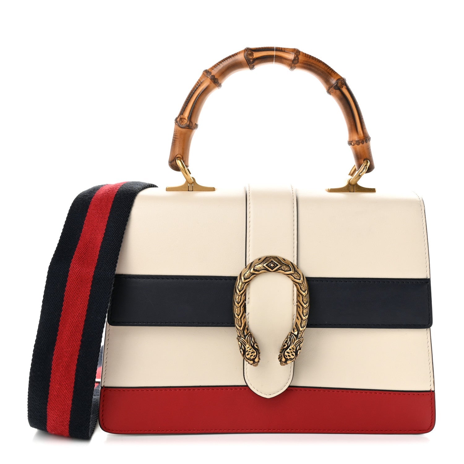 Gucci Calfskin Bamboo Web Medium Dionysus Top Handle Bag White Blue Hibiscus Red