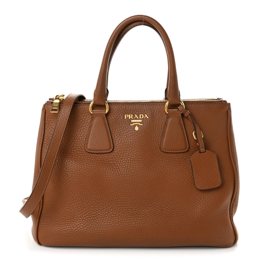 Prada Vitello Daino Large Double Zip Tote Brandy
