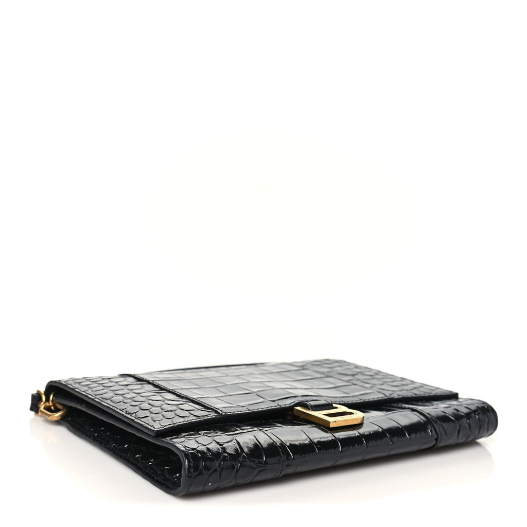 Balenciaga Shiny Calfskin Crocodile Embossed Hourglass Gusset Pouch Black