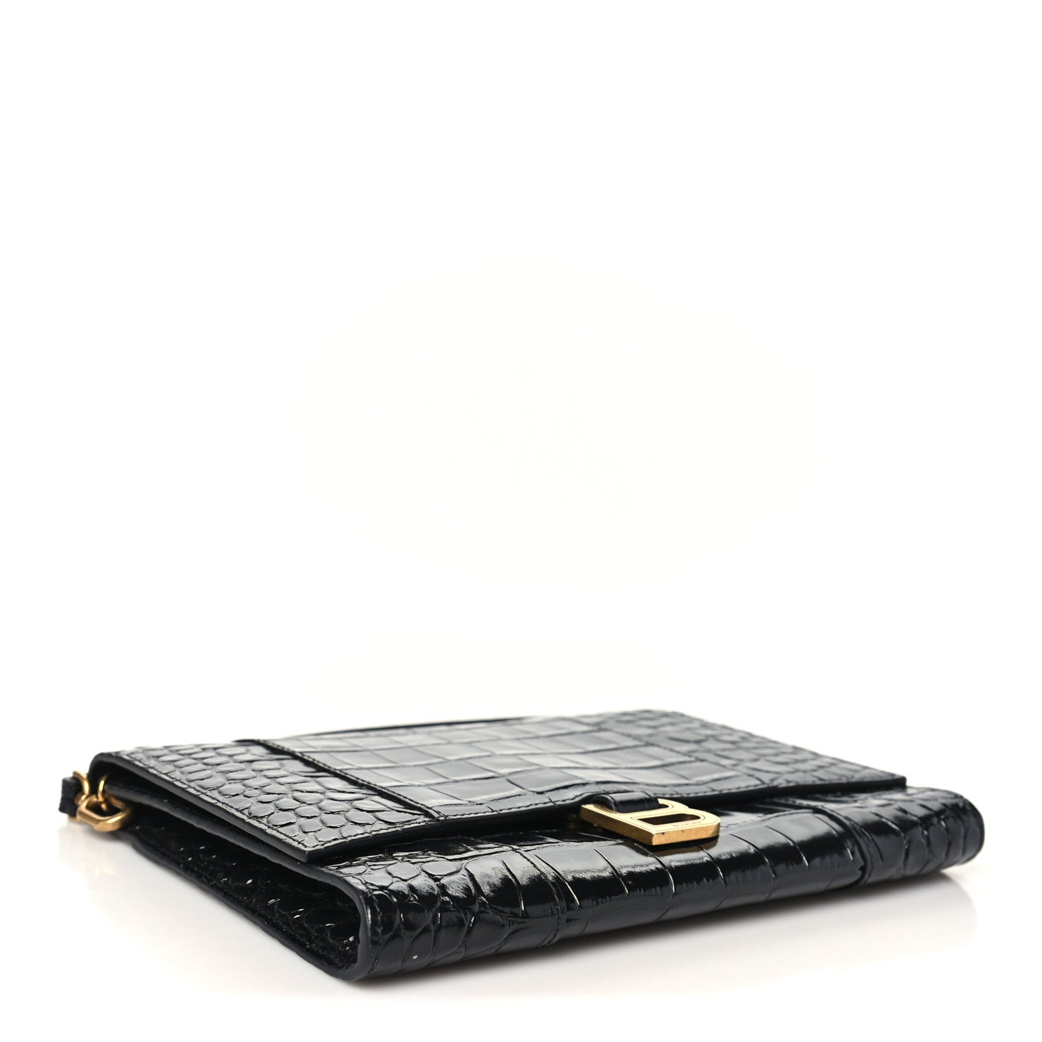 Balenciaga Shiny Calfskin Crocodile Embossed Hourglass Gusset Pouch Black