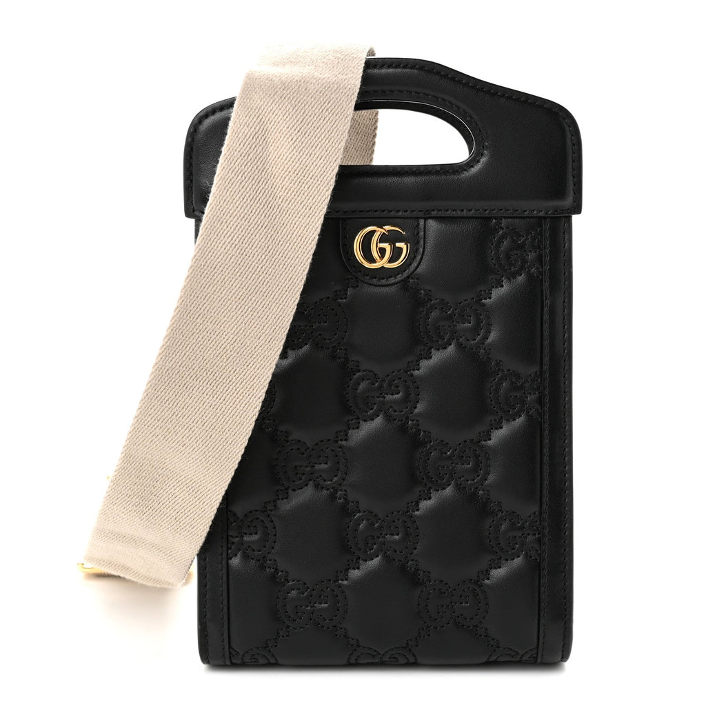 Gucci Calfskin GG Matelasse Mini Top Slip Handle Crossbody Bag Black Natural