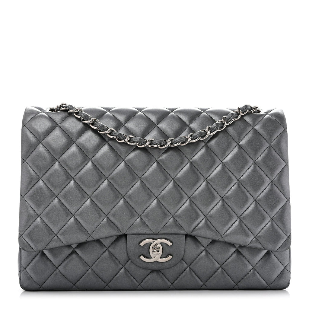 Chanel Metallic Lambskin Quilted Maxi Double Flap Pewter