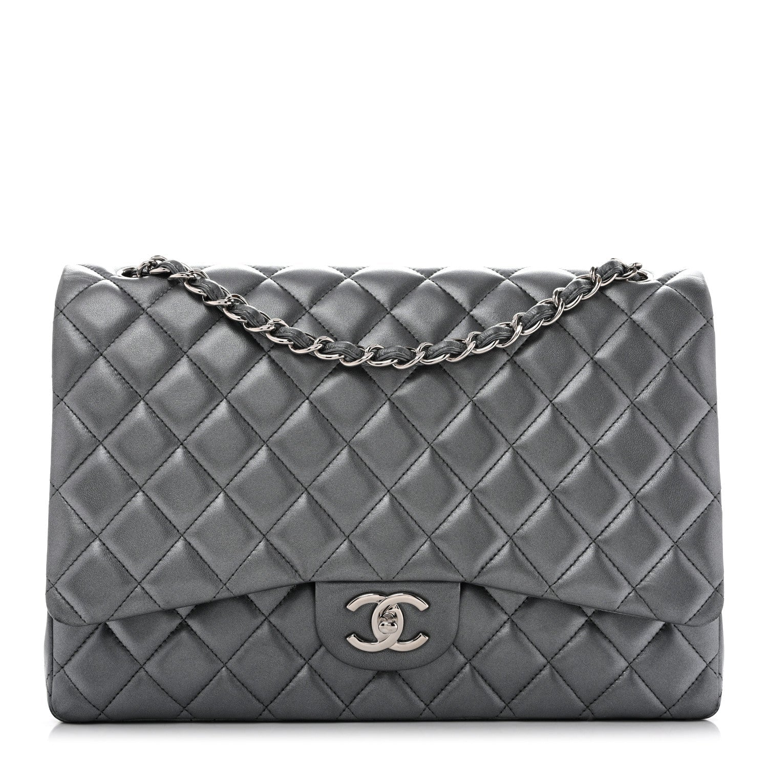 Chanel Metallic Lambskin Quilted Maxi Double Flap Pewter