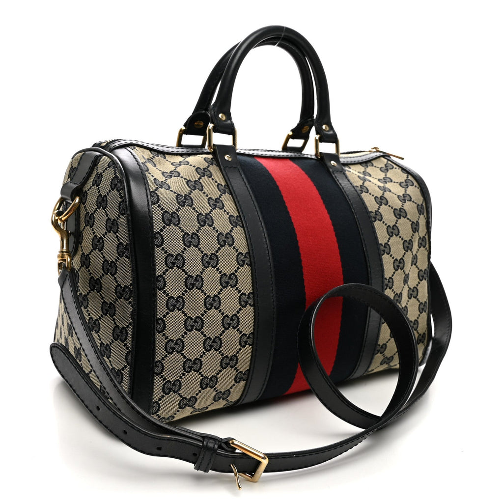 Gucci Monogram Selleria Calfskin Vintage Web Medium Boston Beige Blue