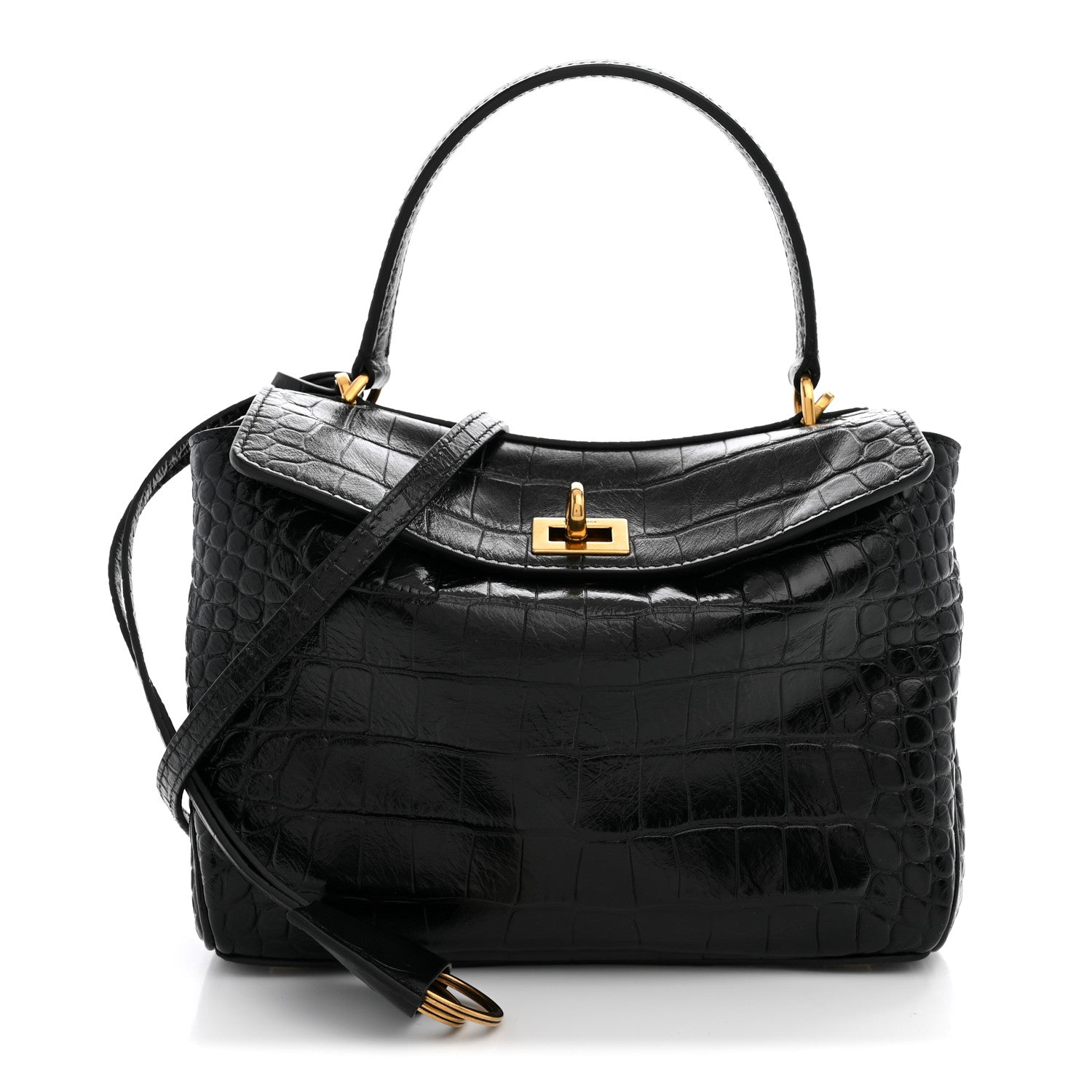 Balenciaga Shiny Calfskin Crocodile Embossed Mini Rodeo Top Handle Handbag Black
