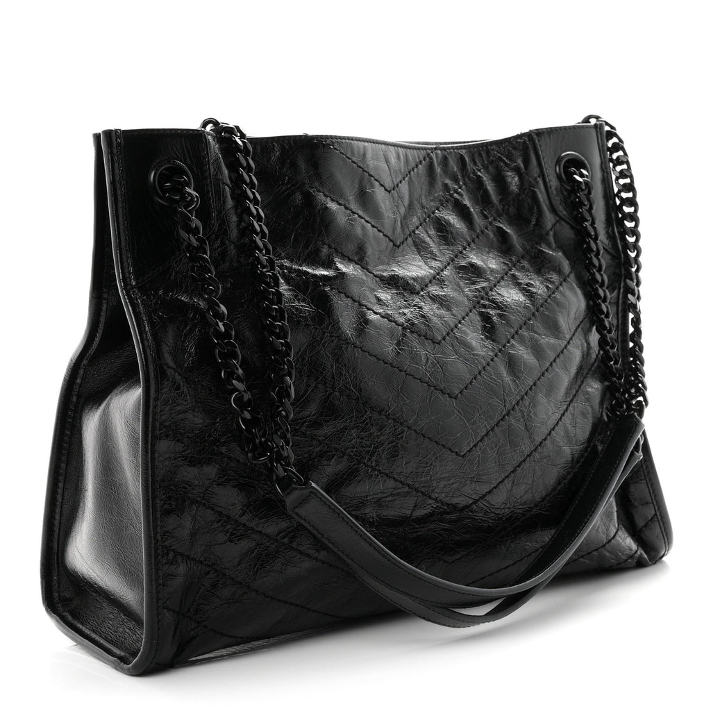 Saint Laurent Crinkled Calfskin Matelasse Monogram Medium Niki Shopper Tote Black