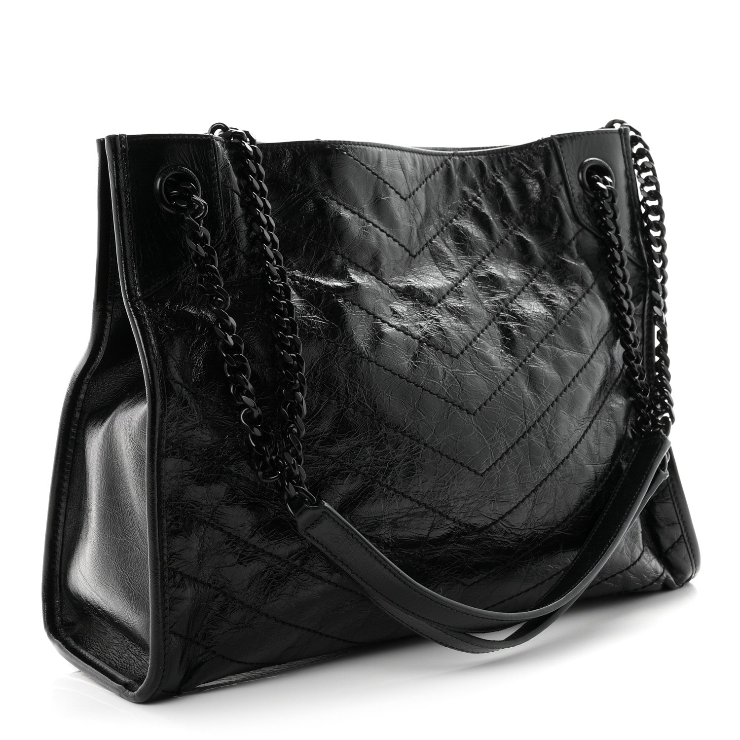 Saint Laurent Crinkled Calfskin Matelasse Monogram Medium Niki Shopper Tote Black