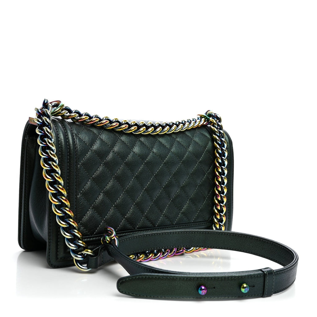 Chanel Iridescent Goatskin Quilted Medium Boy Flap Green