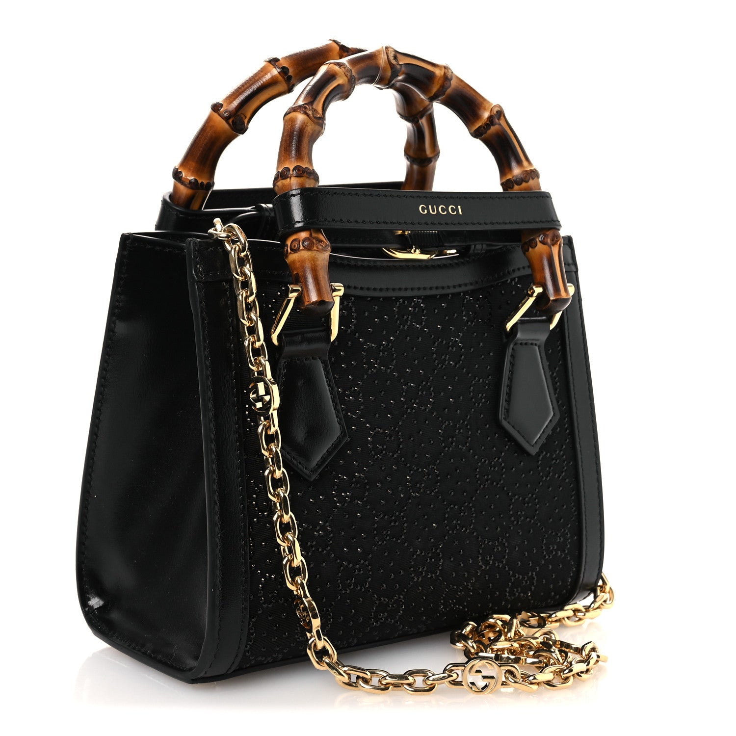 Gucci New Canvas Charisma Calfskin Crystal GG Monogram Mini Diana Tote Black