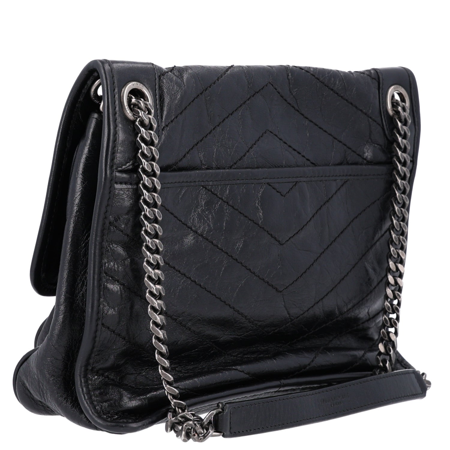 Saint Laurent Crinkled Calfskin Matelasse Monogram Medium Niki Chain Satchel Storm