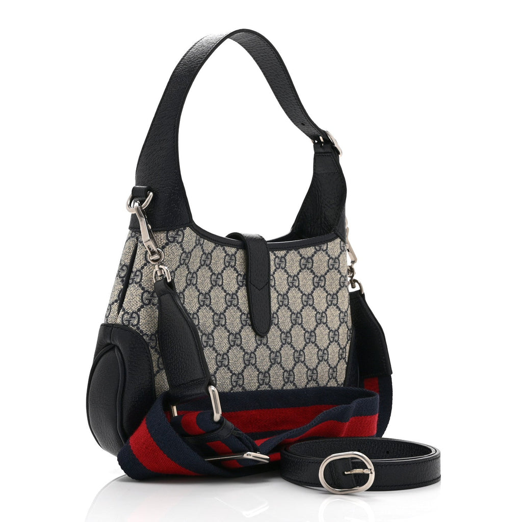 Gucci GG Supreme Monogram Textured Dollar Calfskin Web Small Jackie 1961 Hobo Beige Blue