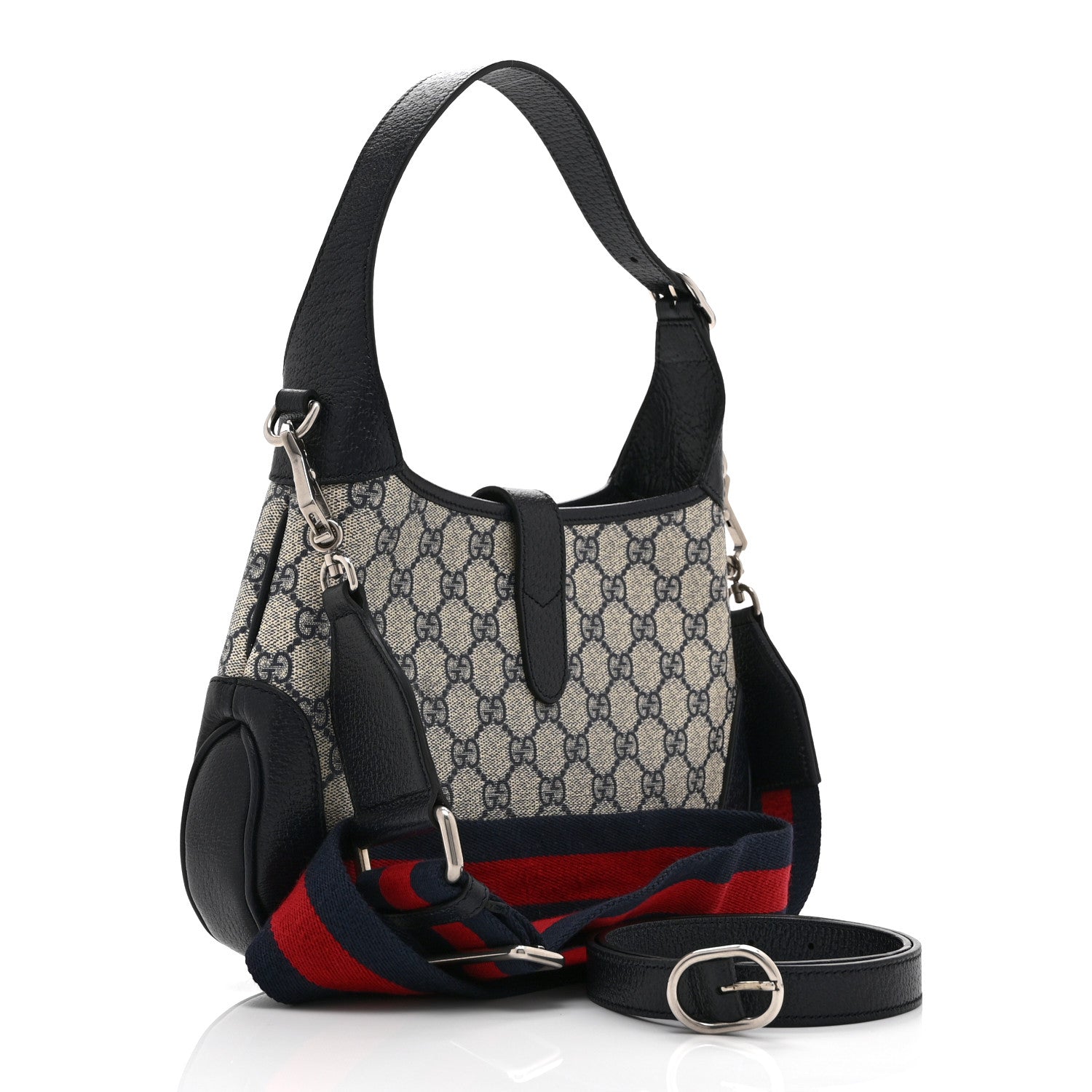 Gucci GG Supreme Monogram Textured Dollar Calfskin Web Small Jackie 1961 Hobo Beige Blue