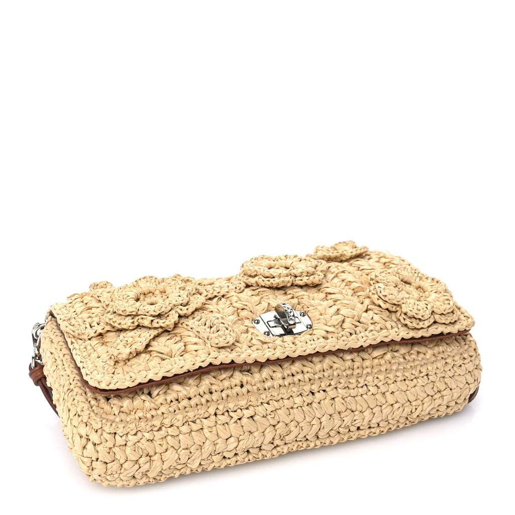 Miu Miu Raffia Crystal Flap Clutch Natural