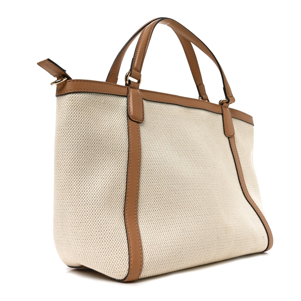 Gucci Linen Canvas Pebbled Calfskin Small Soho Top Handle Bag White Camelia