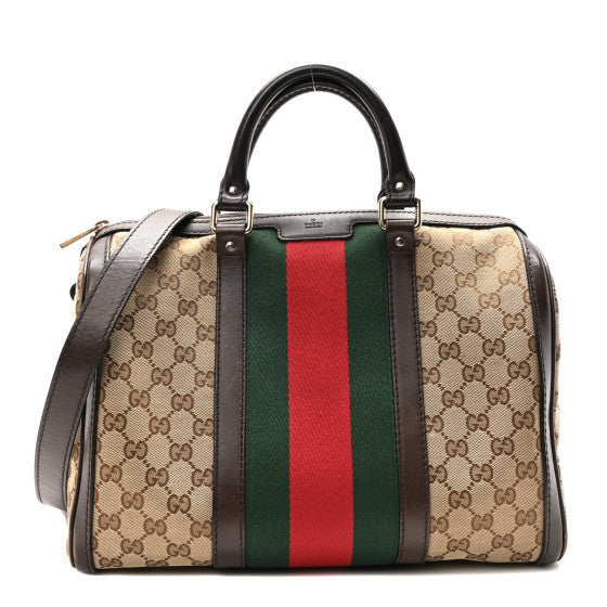Gucci Monogram Vintage Web Medium Boston Dark Brown