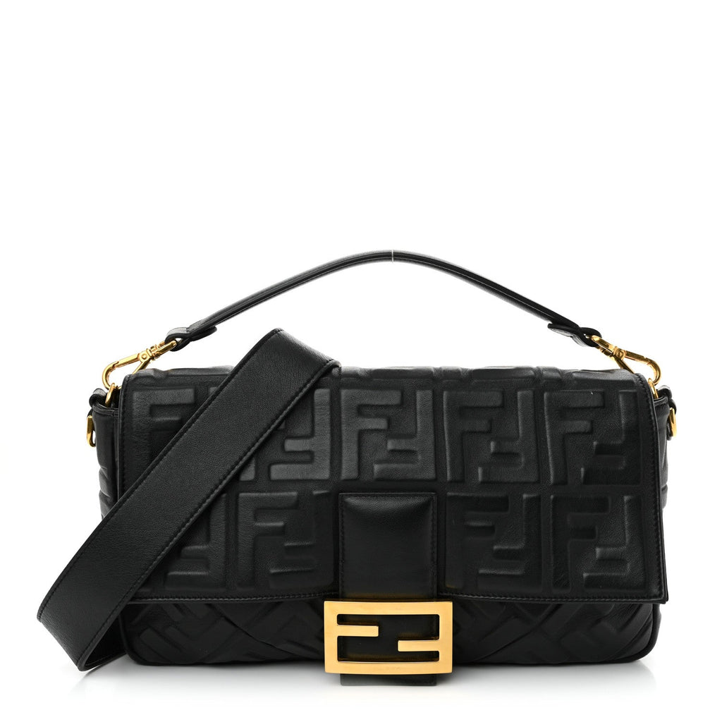 Fendi Nappa FF 1974 Embossed Large Baguette Black