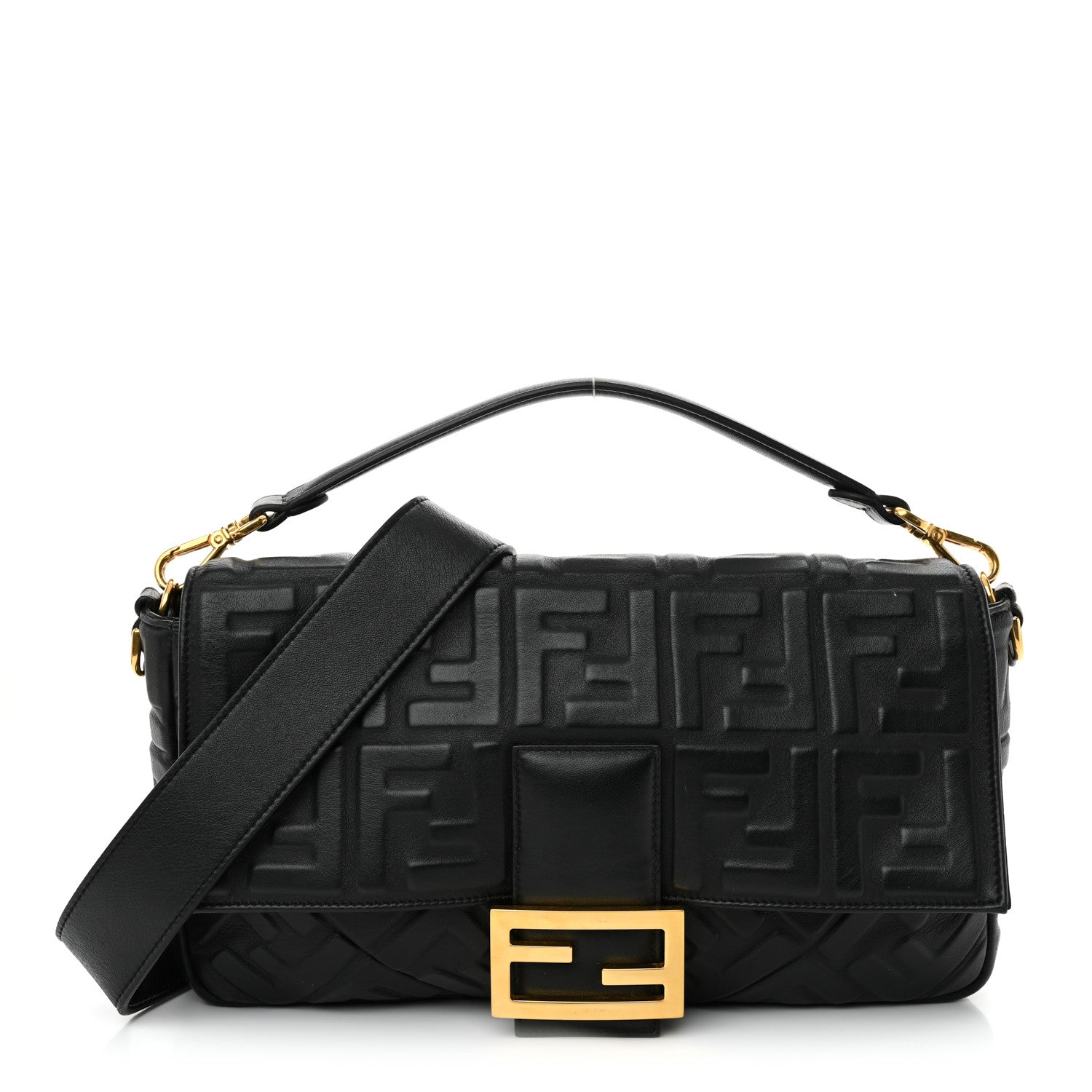 Fendi Nappa FF 1974 Embossed Large Baguette Black