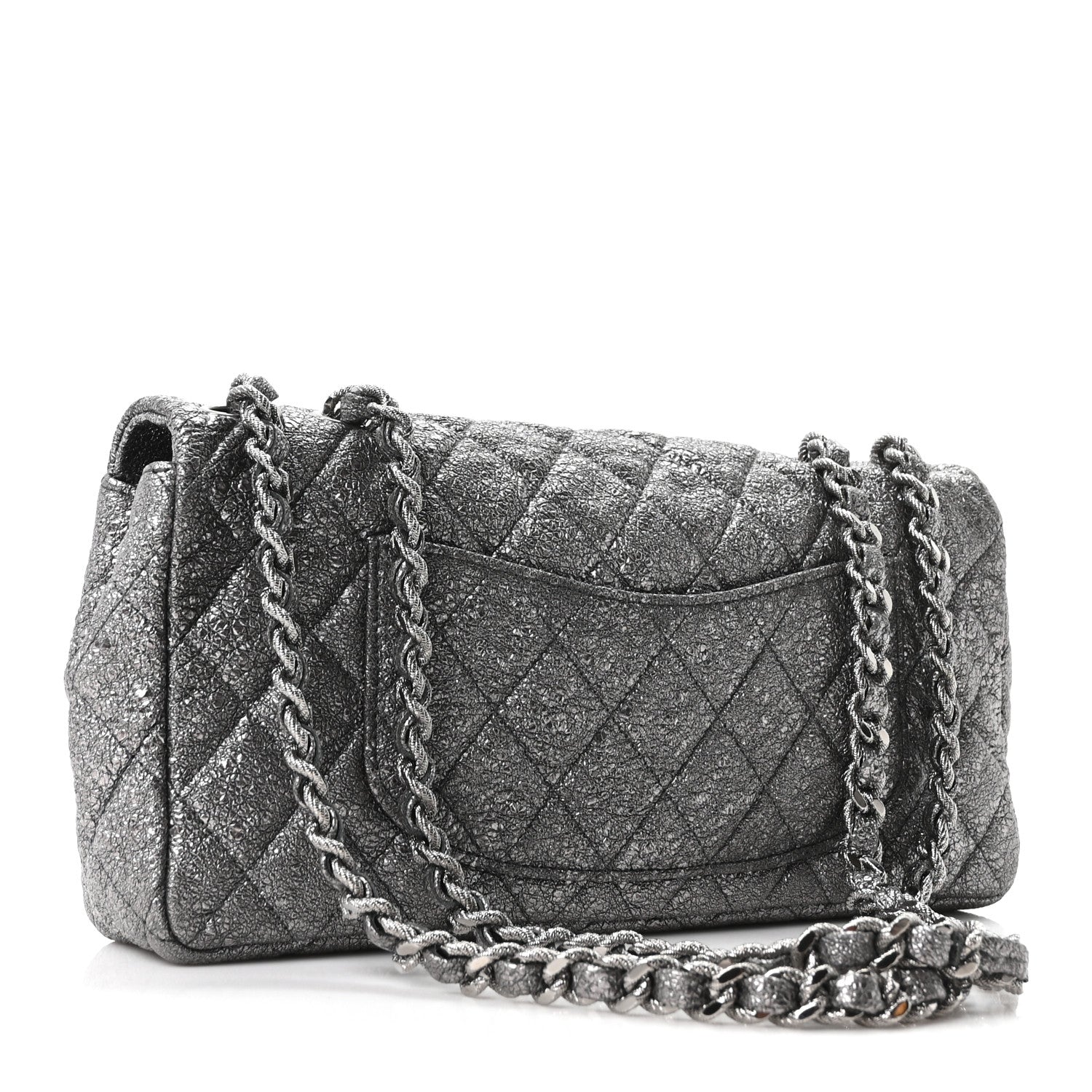 Chanel Metallic Crackled Calfskin Quilted East West Flap Dark Silver