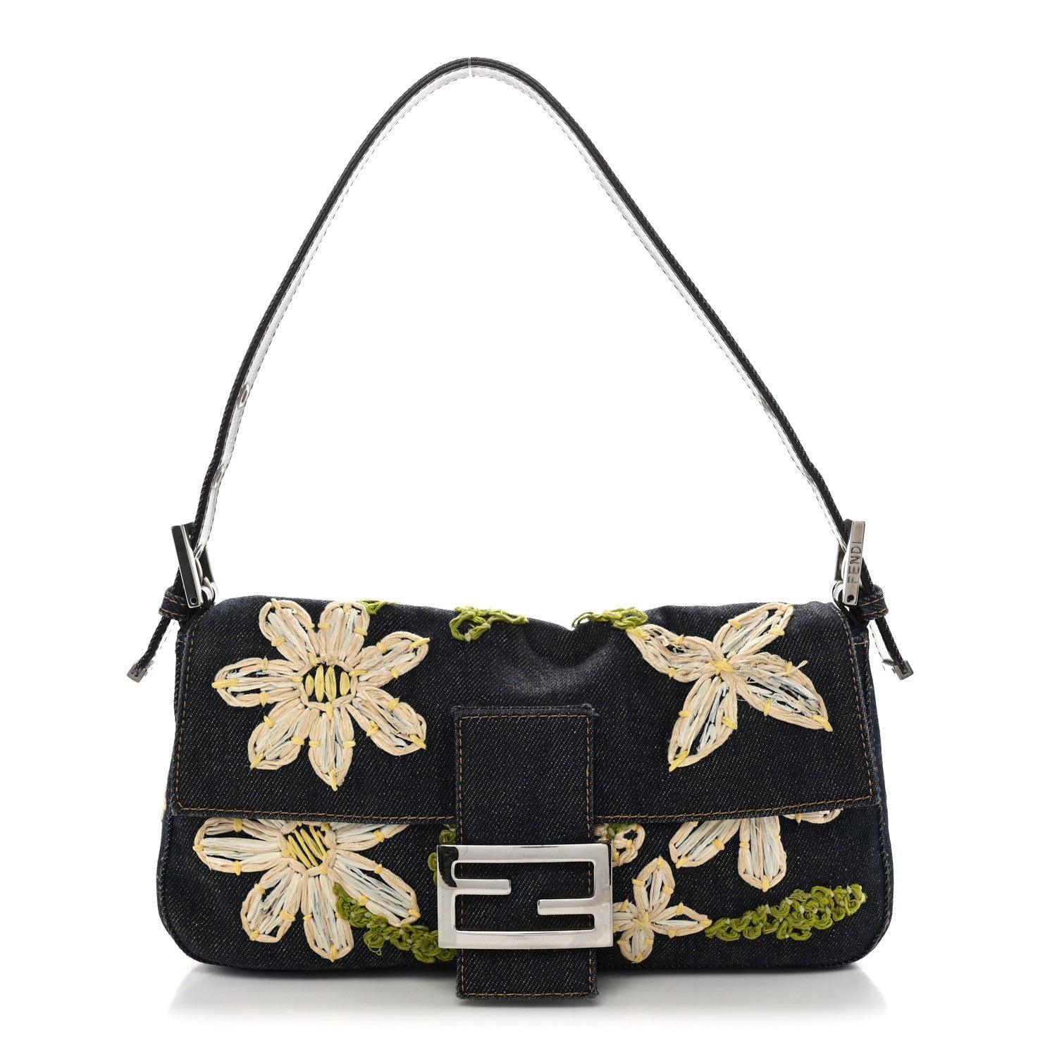 Fendi Denim Flower Applique Baguette Blue