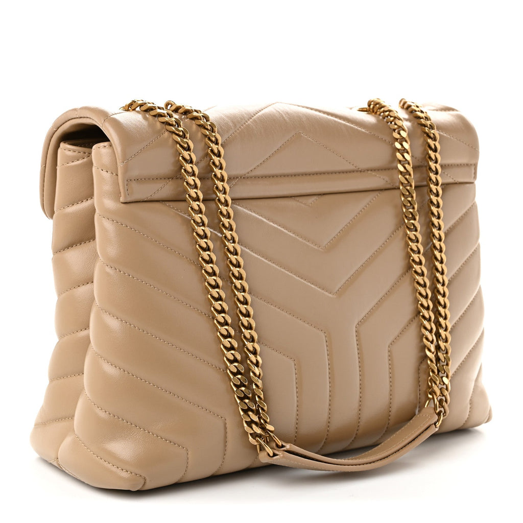 Saint Laurent Calfskin Y Quilted Monogram Medium Loulou Chain Satchel Dark Latte