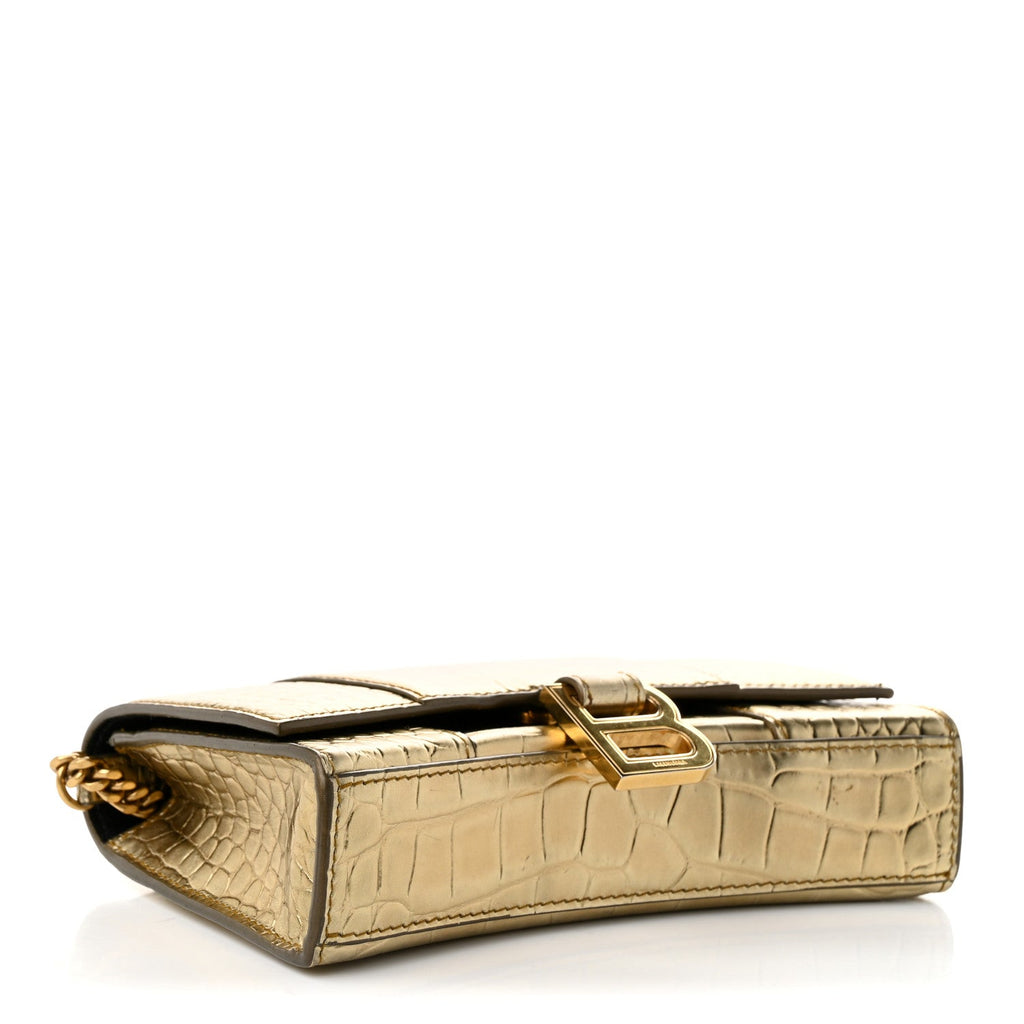 Balenciaga Metallic Calfskin Crocodile Embossed Hourglass Chain Bag Gold