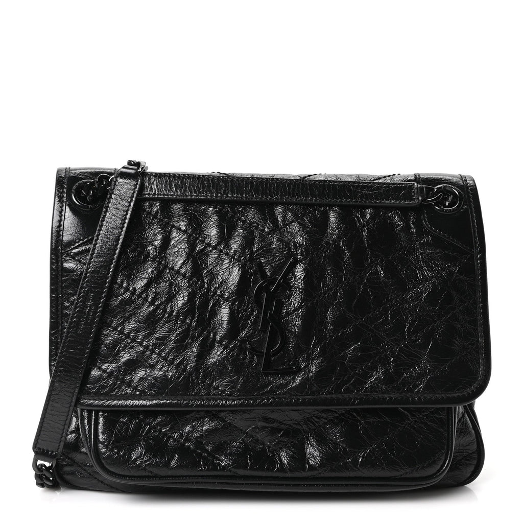 Saint Laurent Crinkled Calfskin Matelasse Monogram Medium Niki Chain Satchel Black