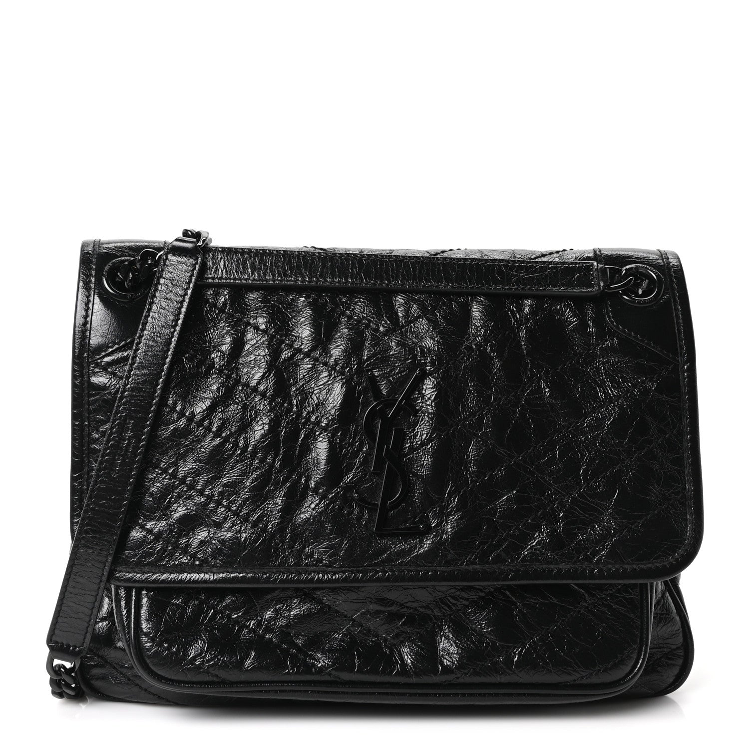 Saint Laurent Crinkled Calfskin Matelasse Monogram Medium Niki Chain Satchel Black