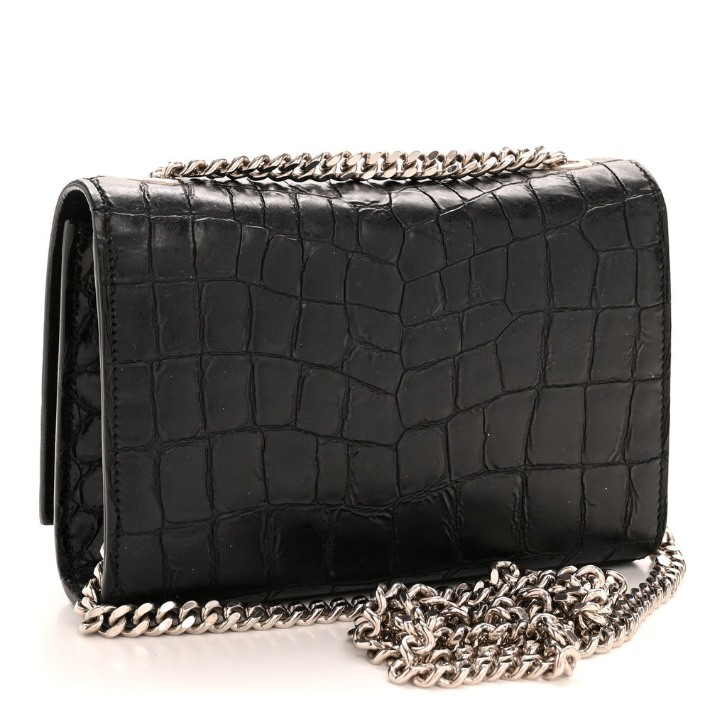 Saint Laurent Calfskin Crocodile Embossed Small Classic Monogram Kate Tassel Satchel Black