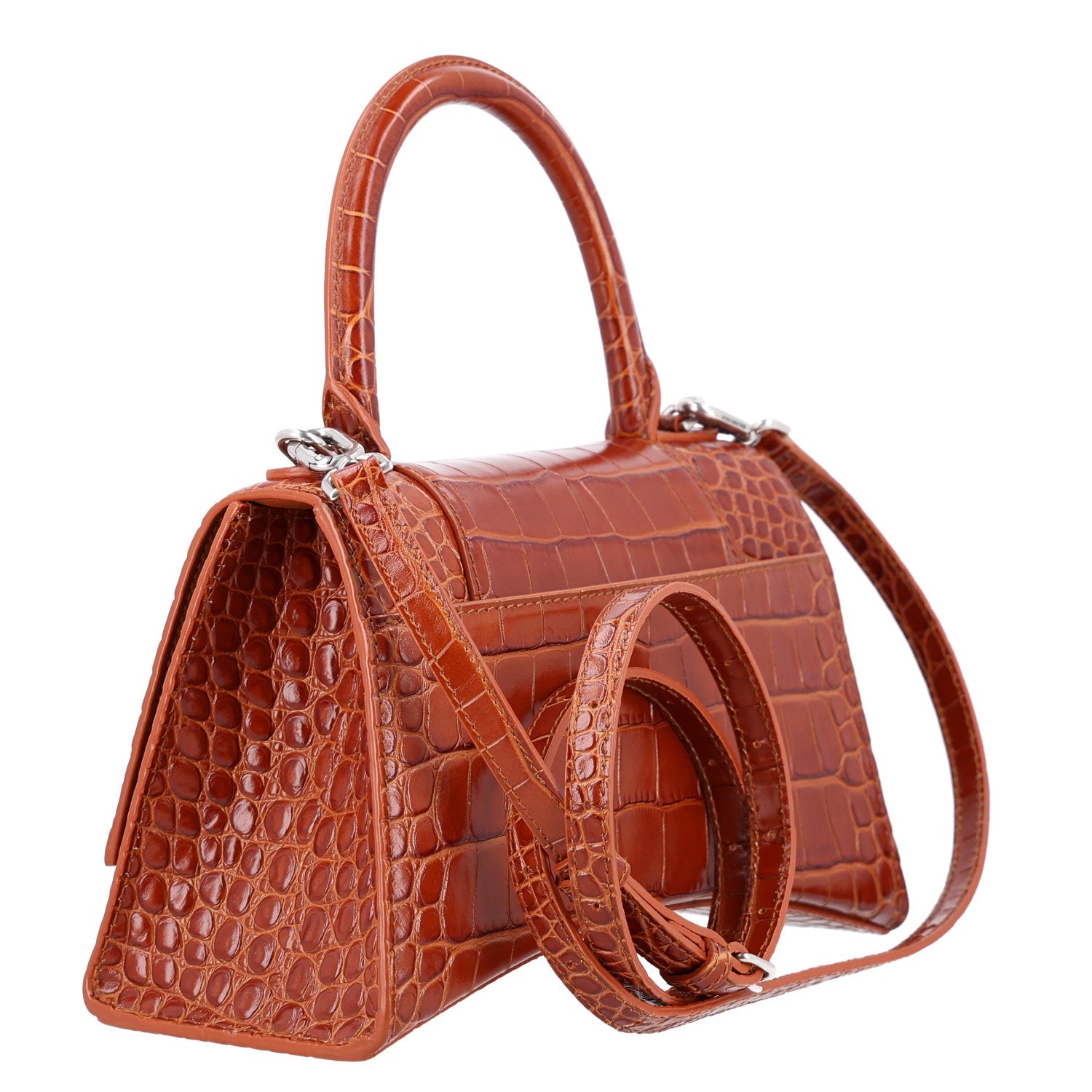 Balenciaga Shiny Calfskin Crocodile Embossed Small Hourglass Top Handle Bag Camel