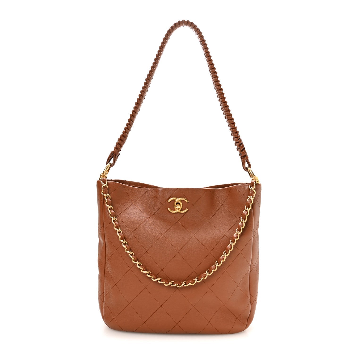 Chanel Calfskin Quilted Braided Handle Chain Hobo Brown