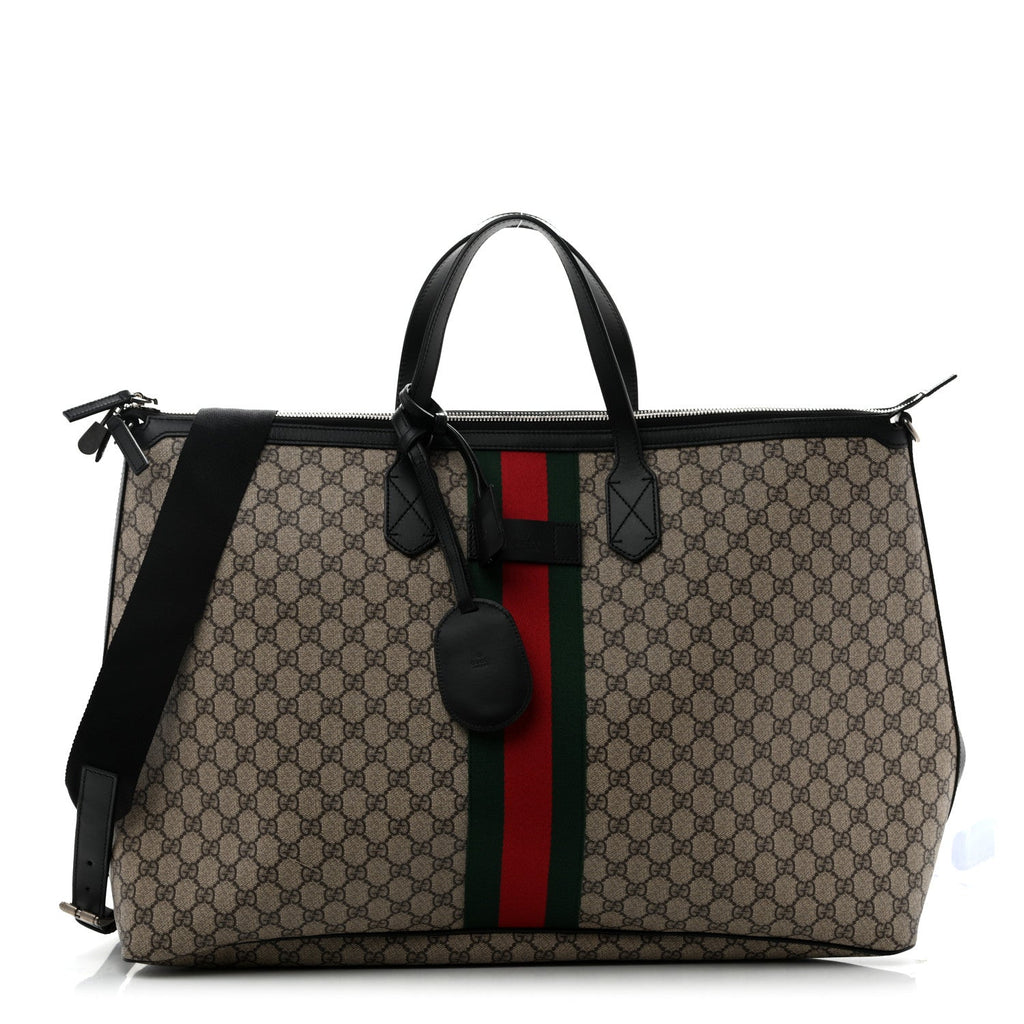 Gucci GG Supreme Monogram Web Large Zippered Tote Beige Black