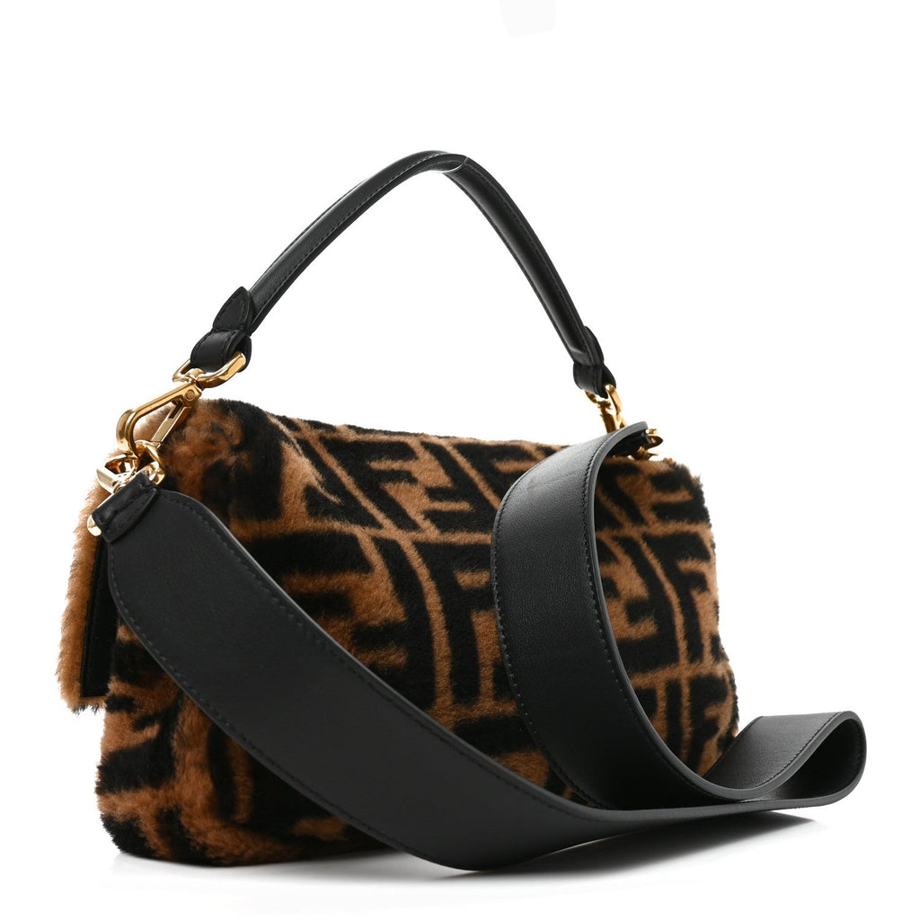 Fendi Shearling Vitello Dolce Macro FF 1974 Baguette Tobacco Black