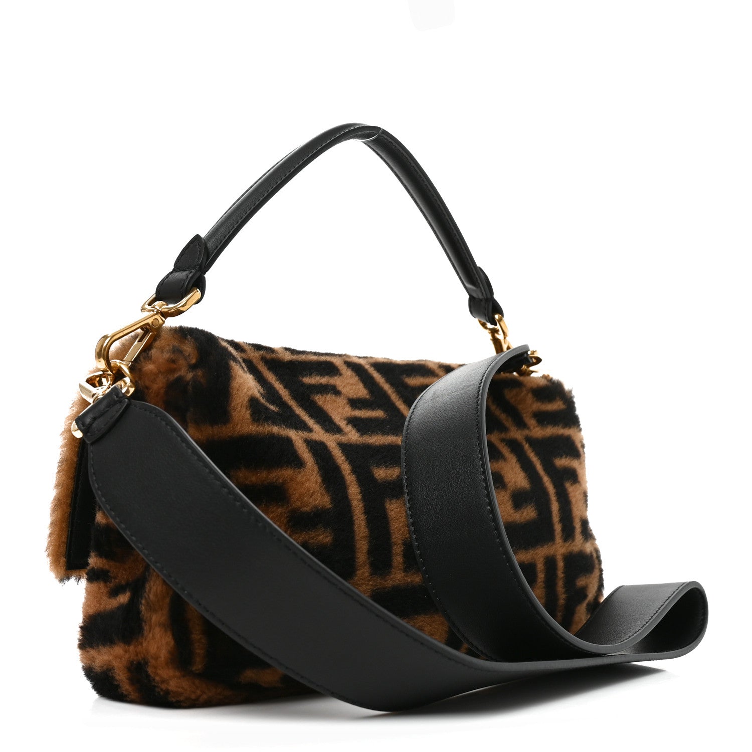 Fendi Shearling Vitello Dolce Macro FF 1974 Baguette Tobacco Black