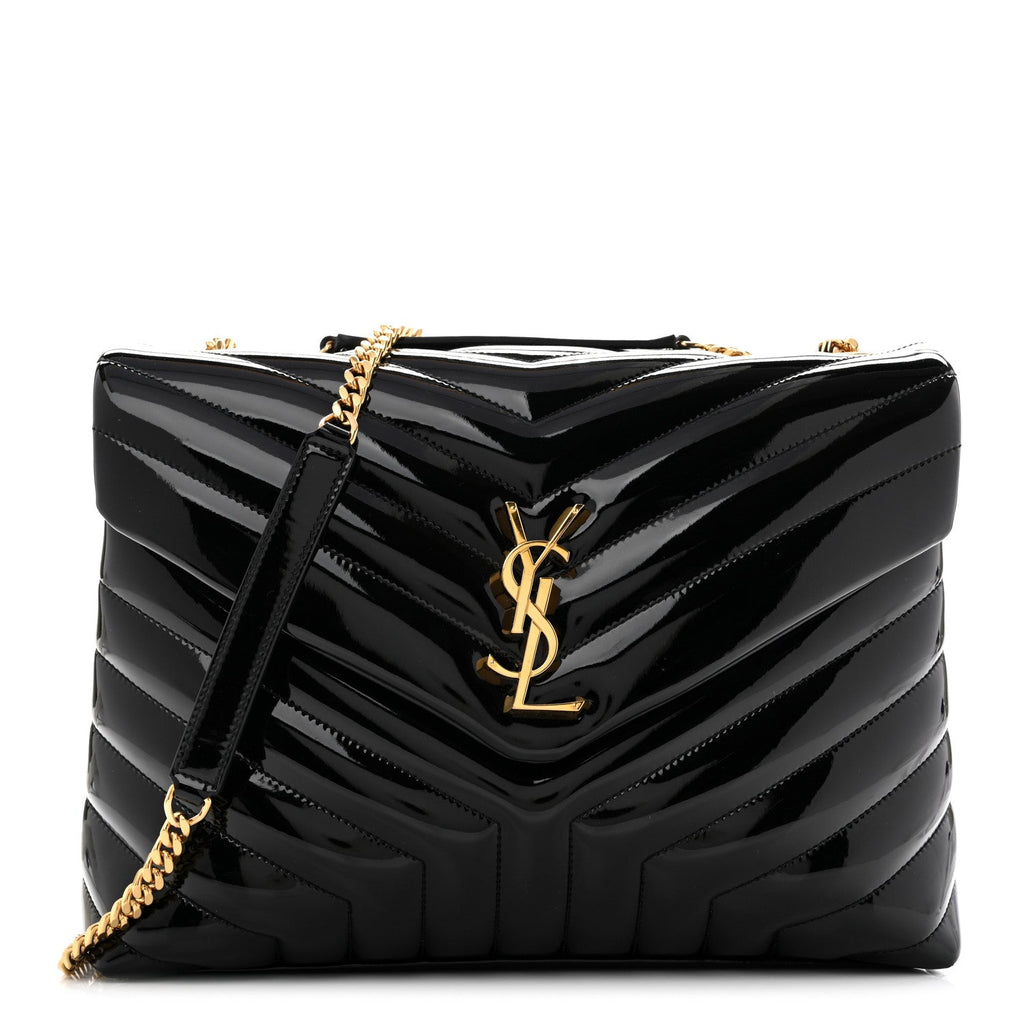 Saint Laurent Patent Y Quilted Monogram Medium Loulou Chain Satchel Black