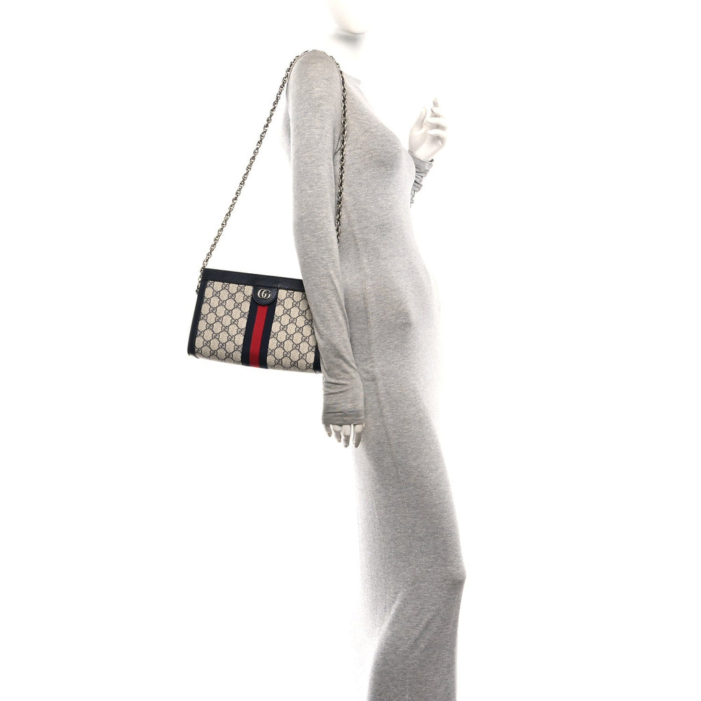 Gucci GG Supreme Monogram Textured Dollar Calfskin Web Small Ophidia Chain Shoulder Bag Beige Blue