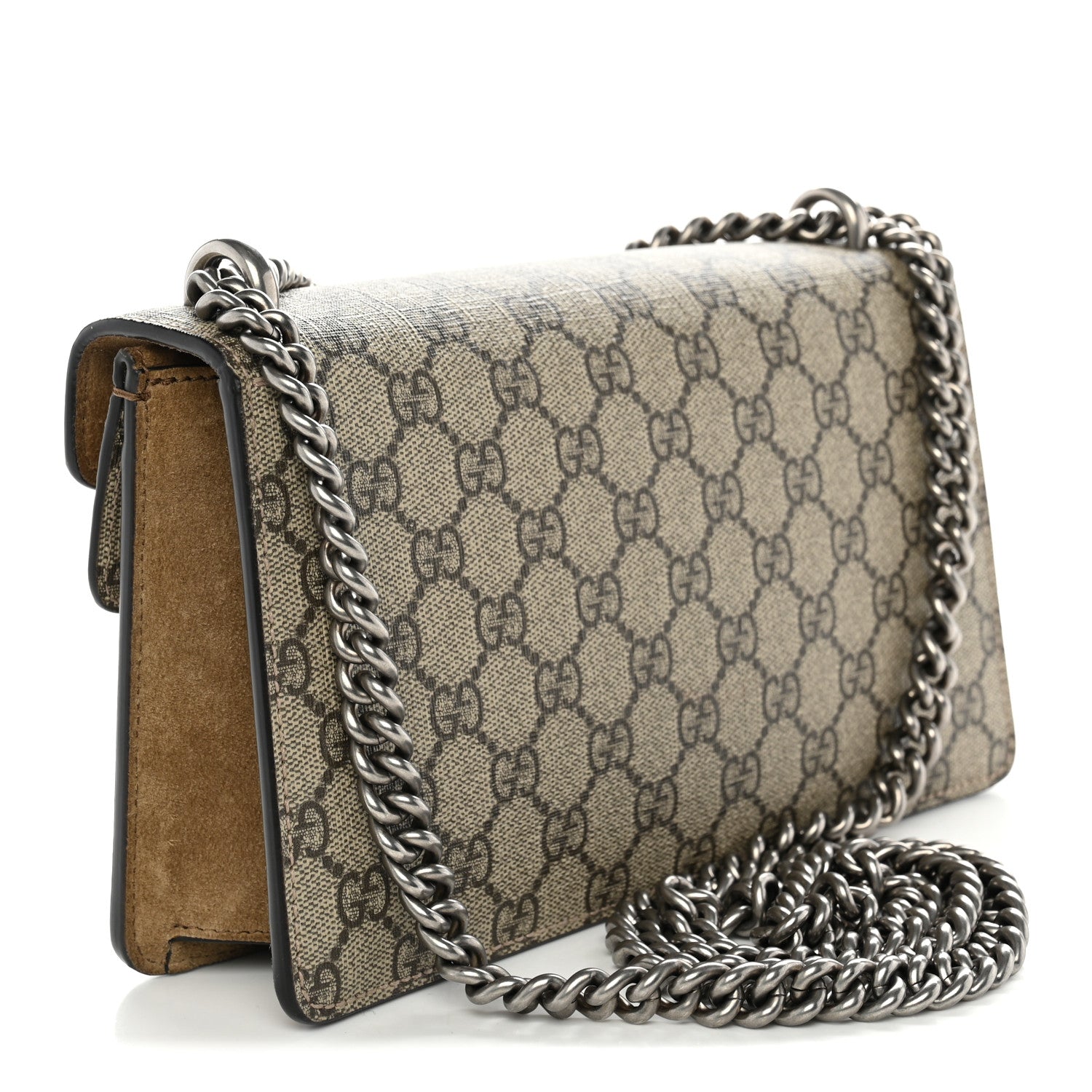 Gucci GG Supreme Monogram Suede Crystal Small Dionysus Shoulder Bag Beige Ebony Taupe