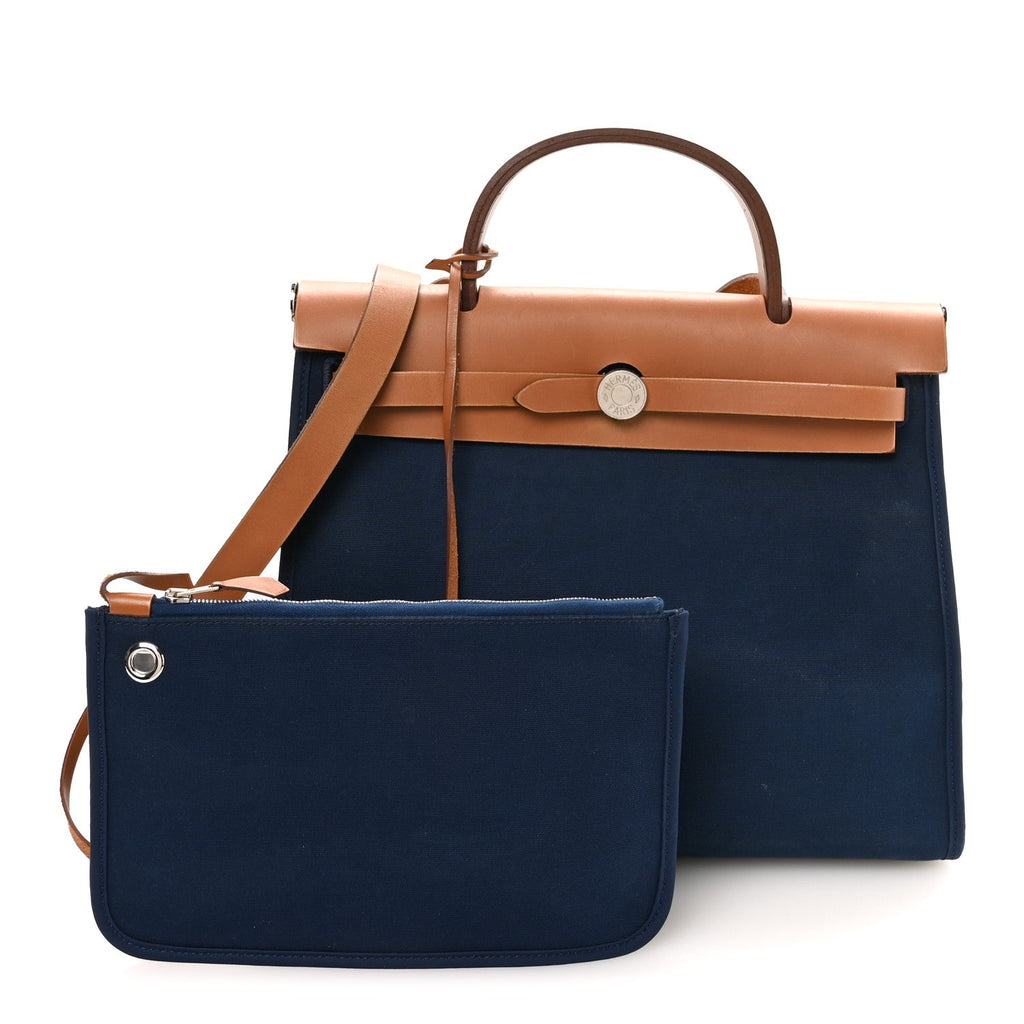 Hermès Vache Hunter Toile Herbag Zip 31 PM Bleu De Malte Natural